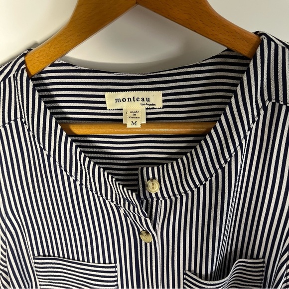 Monteau Los Angeles Dress Med Mid Length Navy Blue White Stripes Nautical - Picture 4 of 8